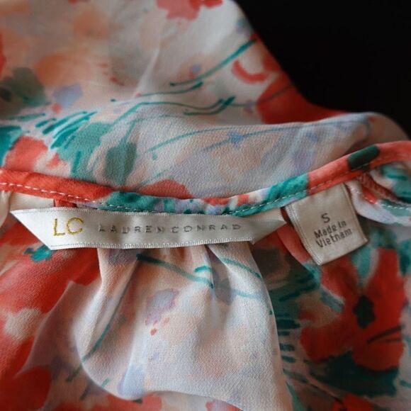 LC Lauren Conrad Bloomfest Popover Blouse White Green Coral Floral - S - Picture 3 of 15